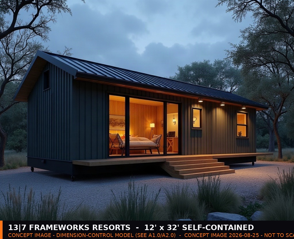 13|7 FrameWorks 12&times;32 self-contained micro-cabin at dusk