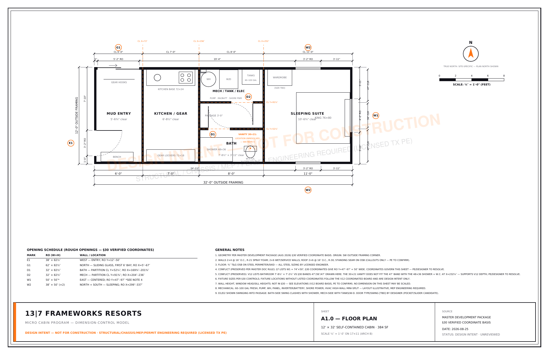 A1.0 floor plan, 12&times;32 self-contained cabin, 384 SF