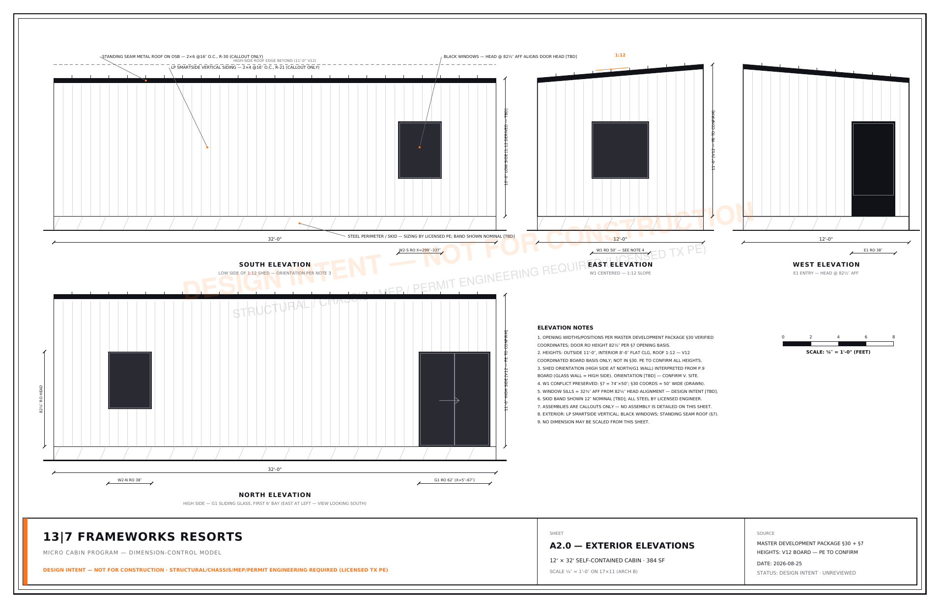 A2.0 exterior elevations, 12&times;32 self-contained cabin